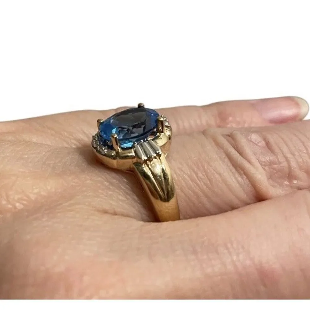 Vintage 10K Yellow Gold  3 C‎ Oval Blue Topaz & Diamond Art Deco Ring  Size 7.5